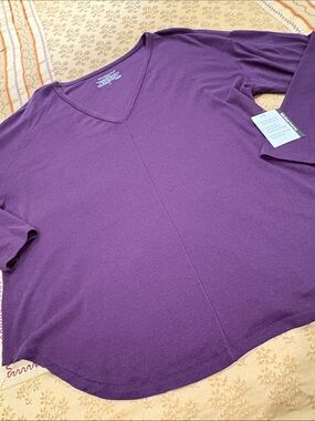 NWT Westbound Eggplant V-Neck Top, Super Soft, Curved Hem, Long Sleeve, 1X